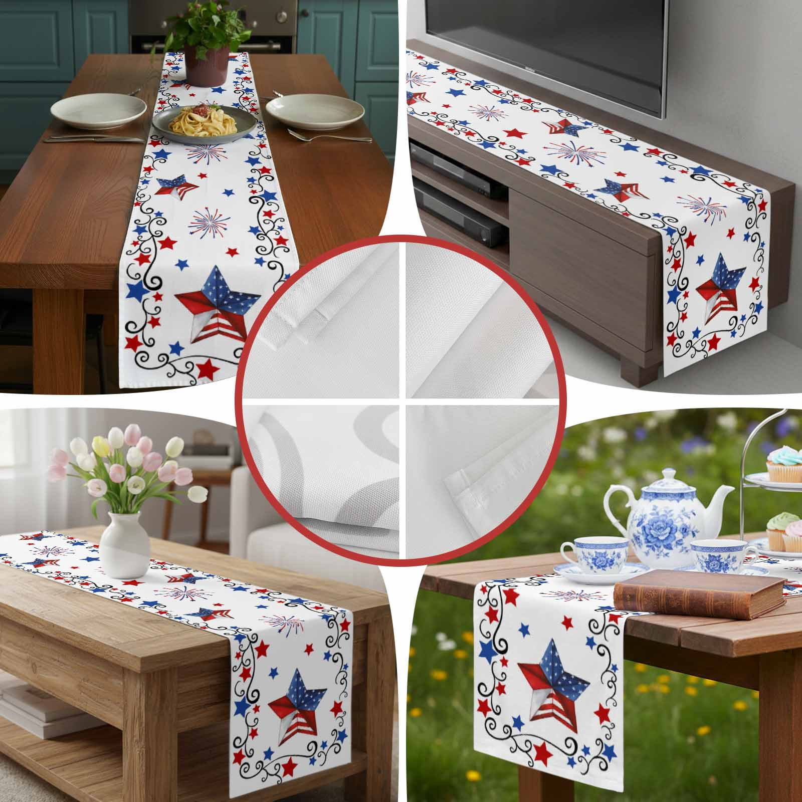 Table Runners 72 Inches Long Dress Scarves, Independence Day Farmhouse Kitchen Table Runner, Coffee Tablerunners, 4th of July Blue Red Star Fireworks 14x72 Inch