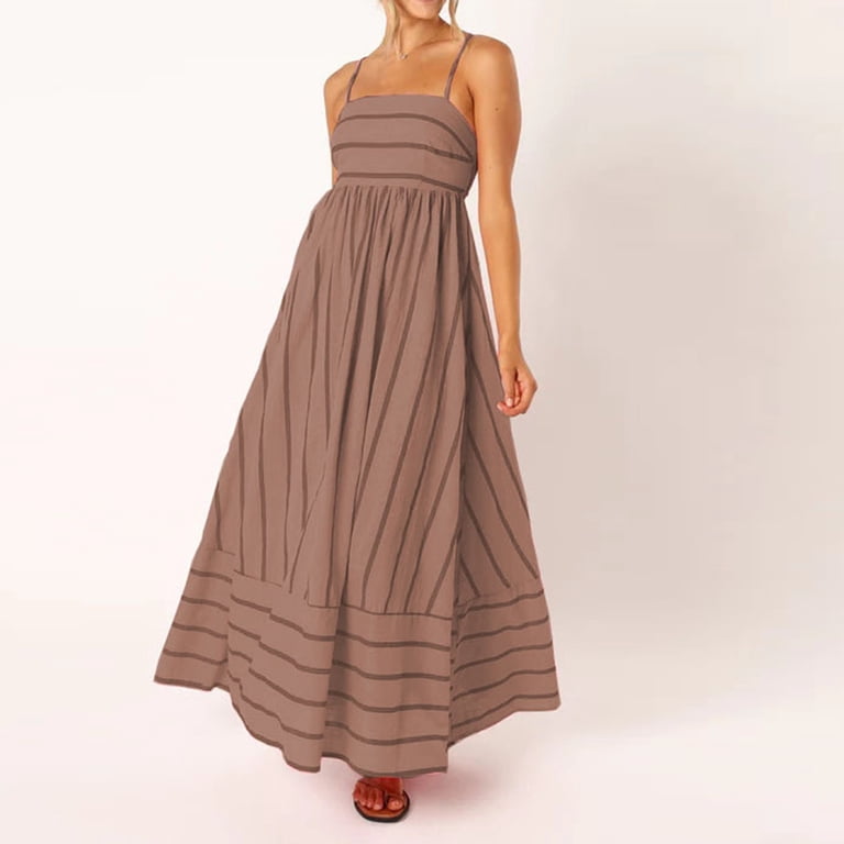 Kureaily Women Striped Sleeveless Maxi Dress Swing Cutout Midi Dress  Backless Smocked Spaghetti Strap Boho Flowy Long Cute Casual Dresses  Women's Casual Dresses - Walmart.com