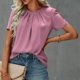 thumbnail image 3 of Camisa para Mujer Señoras Verano Color Puro Cuello Redondo Camisa De Manga Abullonada Suelta Informal Top Básico De Manga Corta, 3 of 6