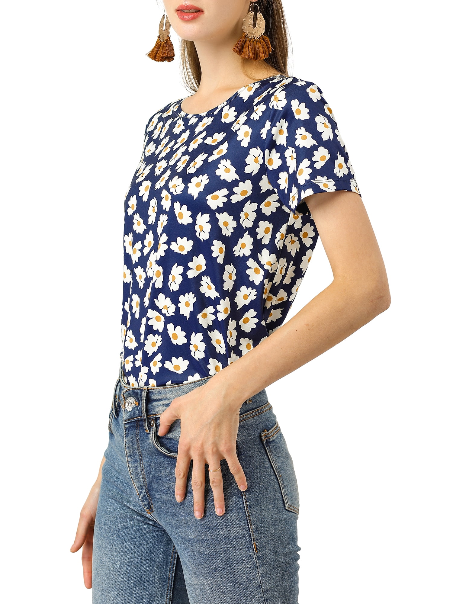 Unique Bargains Women's Daisy Floral Print Summer Crew Neck Short Sleeve Top