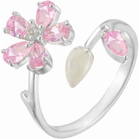 Chic Cherry Blossom Flower Ring for Women Pink Crystal CZ Floral Statement Rings Flower Leaf Wrap Finger Ring Adjustable Open Band Rings
