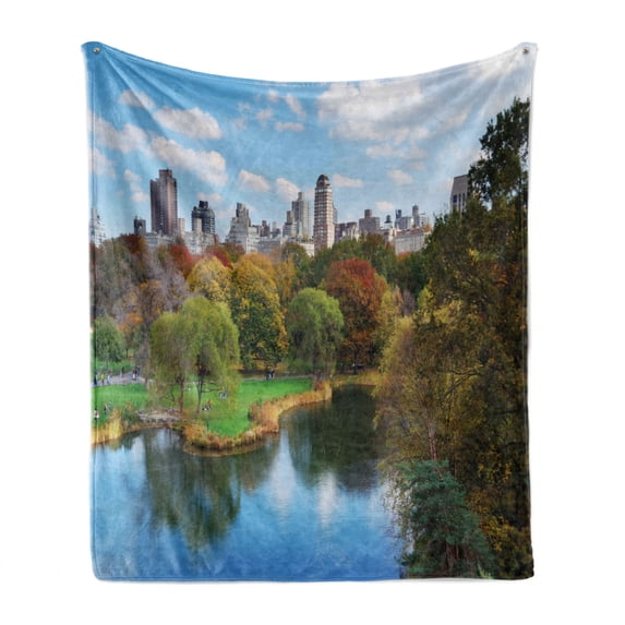 New York Soft Flannel Fleece Throw Blanket, Central Park in Autumn with Lake Trees and Manhattan USA American Nature Image, Cozy Plush for Indoor and Outdoor Use, 60" x 80", Multicolor, by Ambesonne
