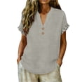 thumbnail image 2 of MOJOGO Women's Ruffle Short Sleeve Tops V Neck Linen Blouse Loose Quarter Button Up Shirts Loose Casual Summer Tops, 2 of 7