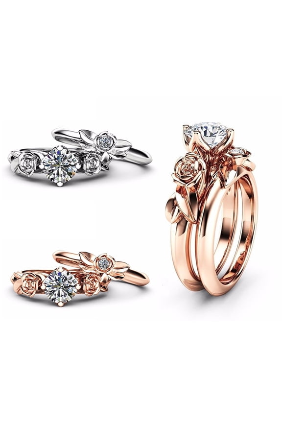 Pack Of 2 Rose Flower Rings Set Rhinestone Women Party Engagement