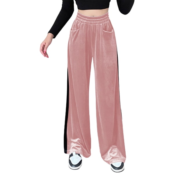 Txlixc Pantalones de terciopelo de piernas anchas para mujeres, pantalones elásticos casuales de cintura alta y ancha Txlixc moda