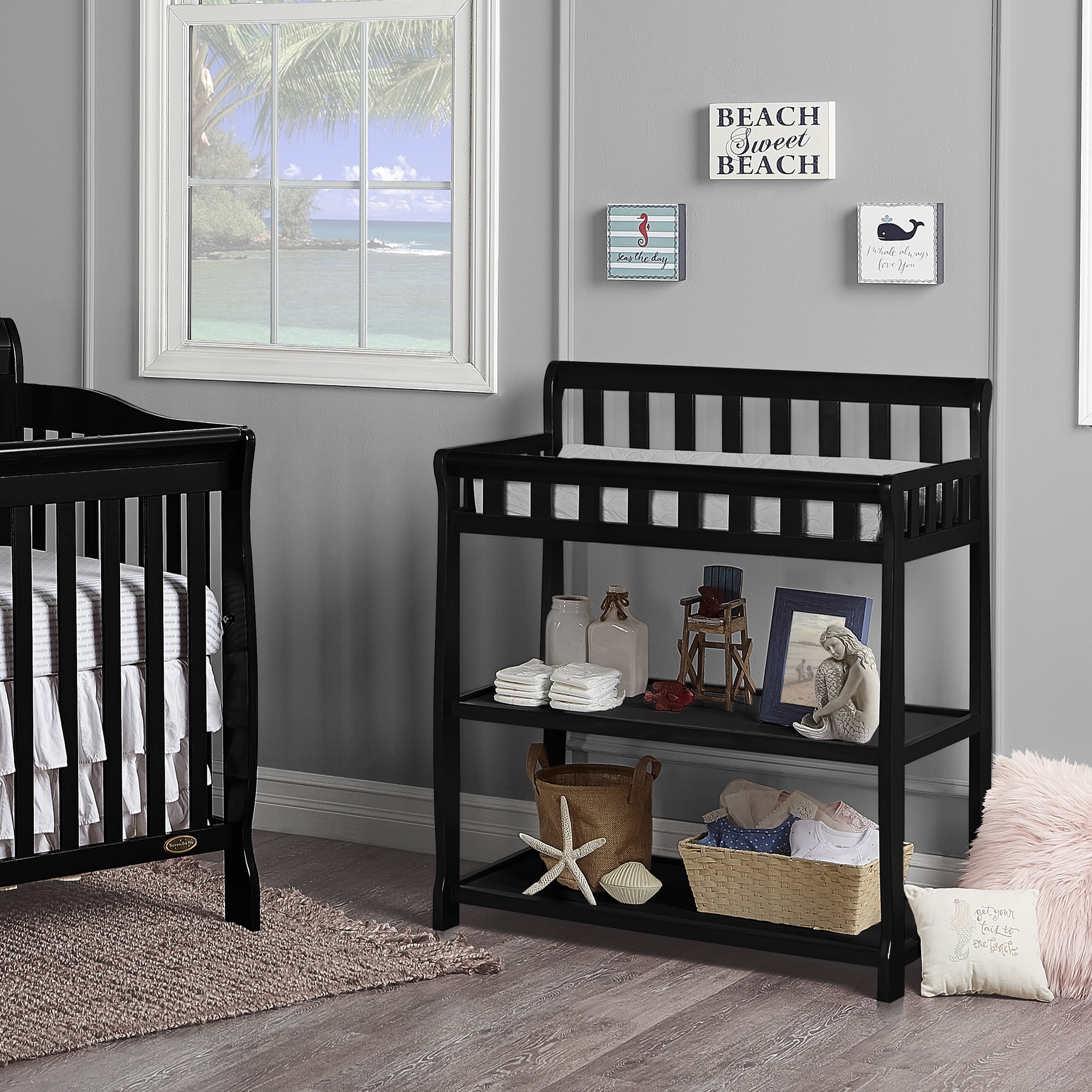 Nursery Essentials Bundle of Dream On Me Aden Convertible 4 in 1 Mini Crib, Dream On Me Ashton Changing Table, with a Dream On Me Sunset 3” Extra Firm Fiber Portable Crib Mattress, Black