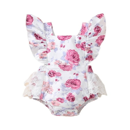 

Seyurigaoka Baby Girl Romper Floral Print Flying Sleeves Lace Panel Snap Bottom Summer Breathable Jumpsuit