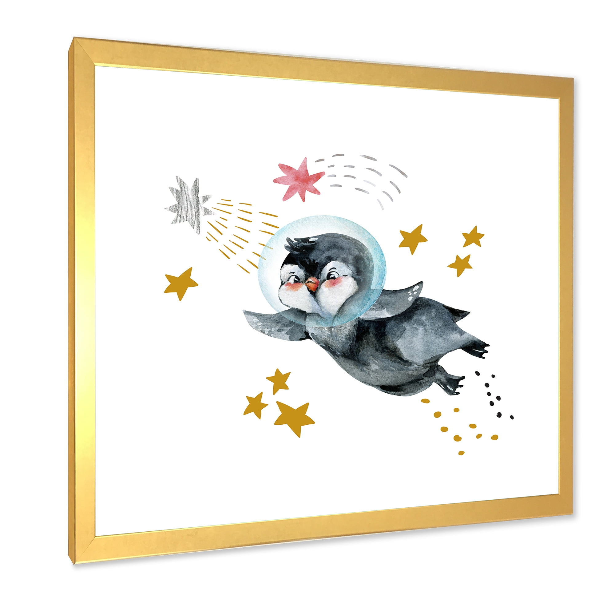 Designart 'Little Penguin Flying Planets and Stars I' Farmhouse Framed Art Print