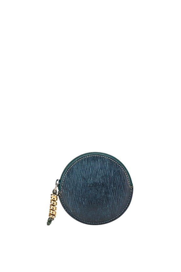 Pre-Owned LOEWE Round Twisted Metal Coin Case Green Leather Women's