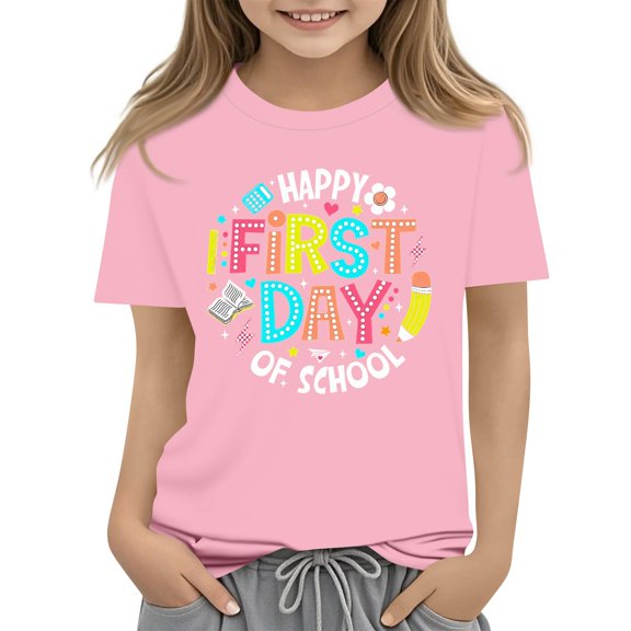 Grblisyd First Day of School Shirt Girls Boys Letter Print Crew Neck Short Sleeve Tshirt Kids Back to School Graphic Tee Tops