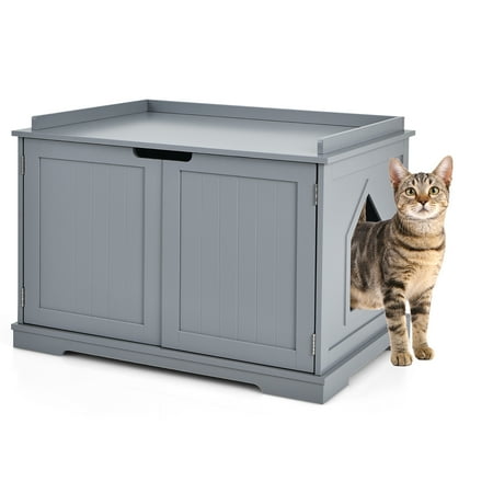 UPC: 6975214079606 | Costway Cat Litter Box Wooden Enclosure Pet House Washroom Storage Bench Grey
