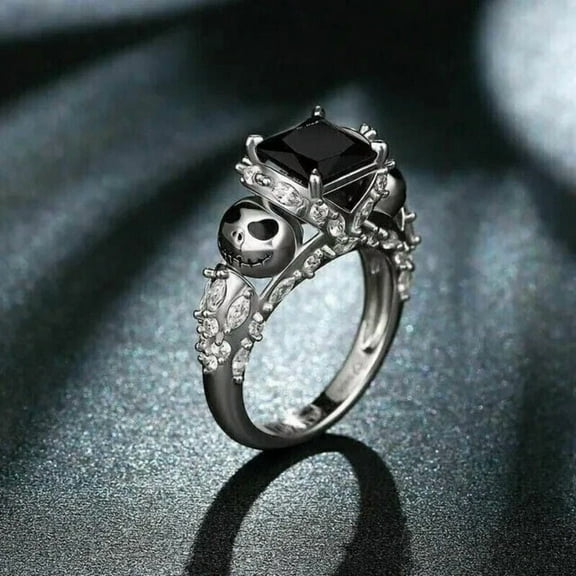 Aishvi Jewels Princess Cut Black Diamond Jack Skellington Engagement Ring 14 White Gold Plated 925 Sterling Silver Anniversary Ring For Birthday Or Party Gift