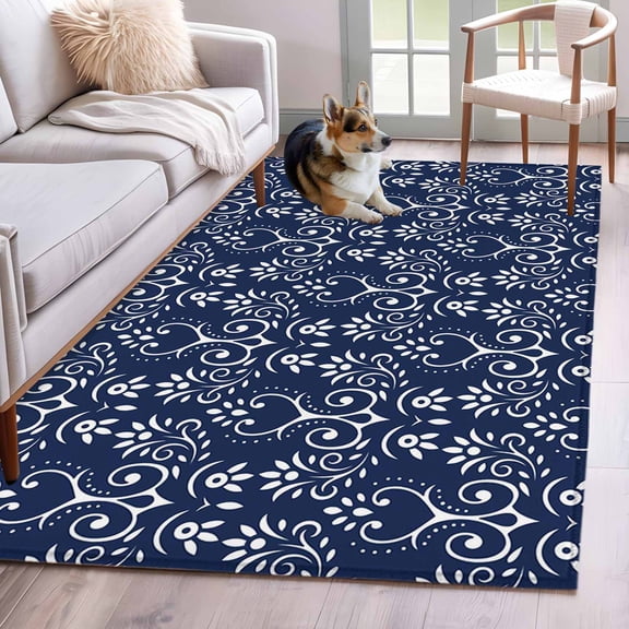 Navy Blue Spring Floral Area Rug 4x6 Washable Rug Non Slip Modern Abstract Art Farmhouse Large Area Rug Indoor Floor Carpet for Entryway Bedroom Kitchen Living Room Home Office Dining Room Nursery