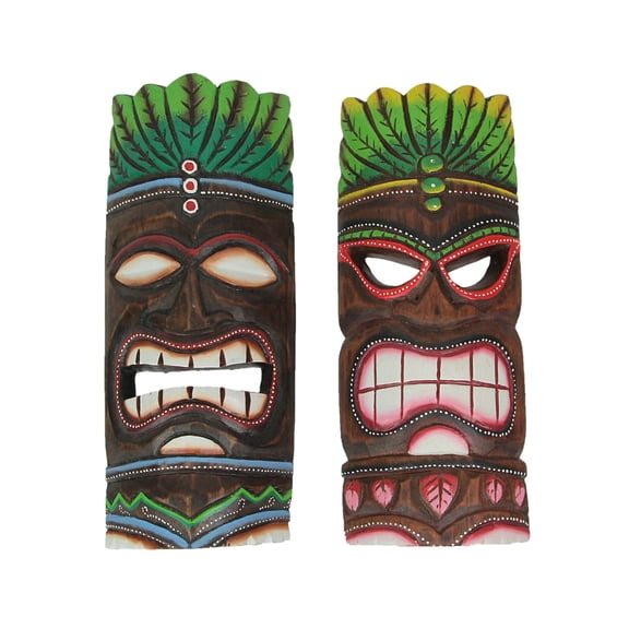 J.D. Yeatts Blue & Green Flame Hand Carved Wood Tiki Masks Tropical Art (Set of 2)