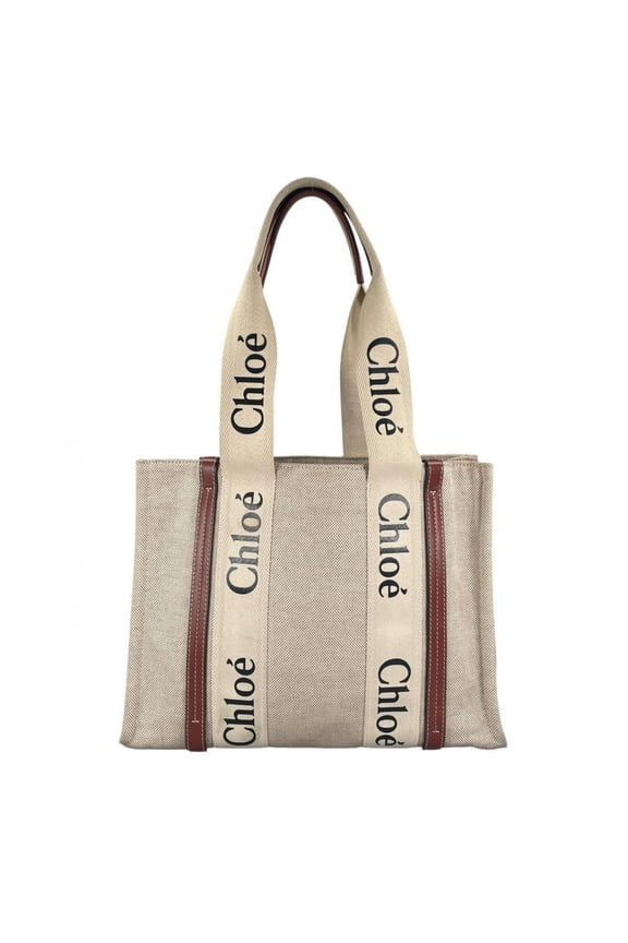 Pre-Owned Chlo Chloe handbag, medium tote bag, shiny calfskin, Woody linen, beige.