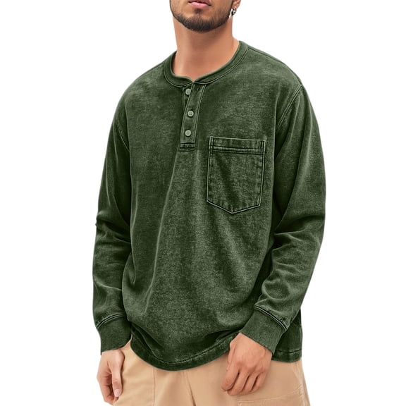 Domuza Henley Shirts Men Vintage Acid Wash Distressed Long Sleeve Button Shirts Fall Winter Casual Oversized Workout Pullover with Pocket Dark Green L
