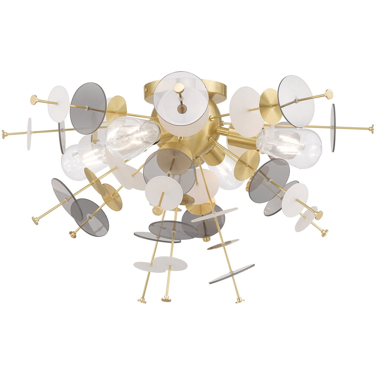 4 Light Satin Brass Ceiling Light fixture with Satin Brass Discs & Glass Discs Shade