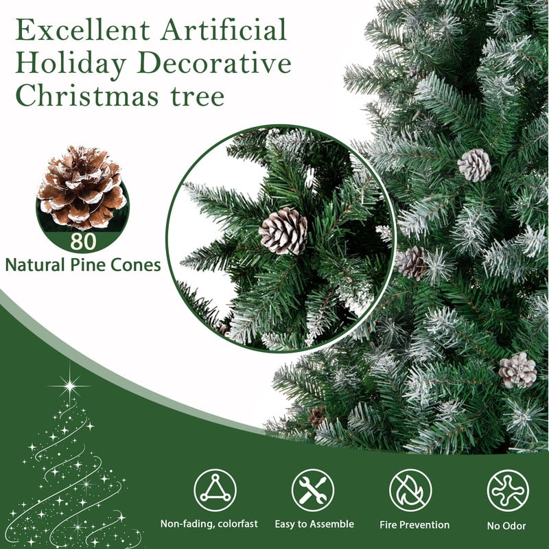 Yexmas 7.5ft Pre-Lit Artificial Christmas Trees,Green Xmas Tree with Large Christmas Tree Storage Bag,Pinecones, Berries, Realistic Artificial Christmas Trees for Home, Office, Party Decoration