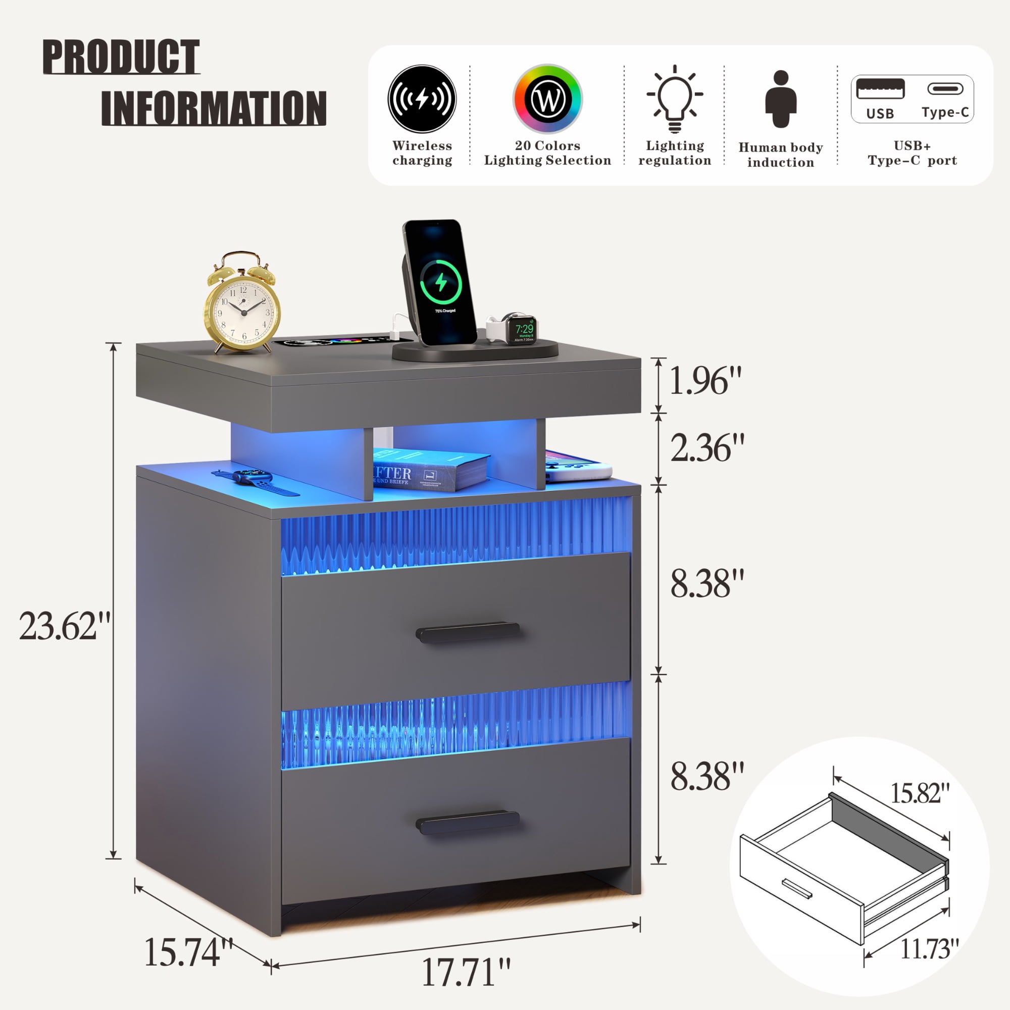 VKCC RGB LED Nightstand with 2 Drawers & Charging Station, Modern Bedside Table for Bedroom Living Room, Grey