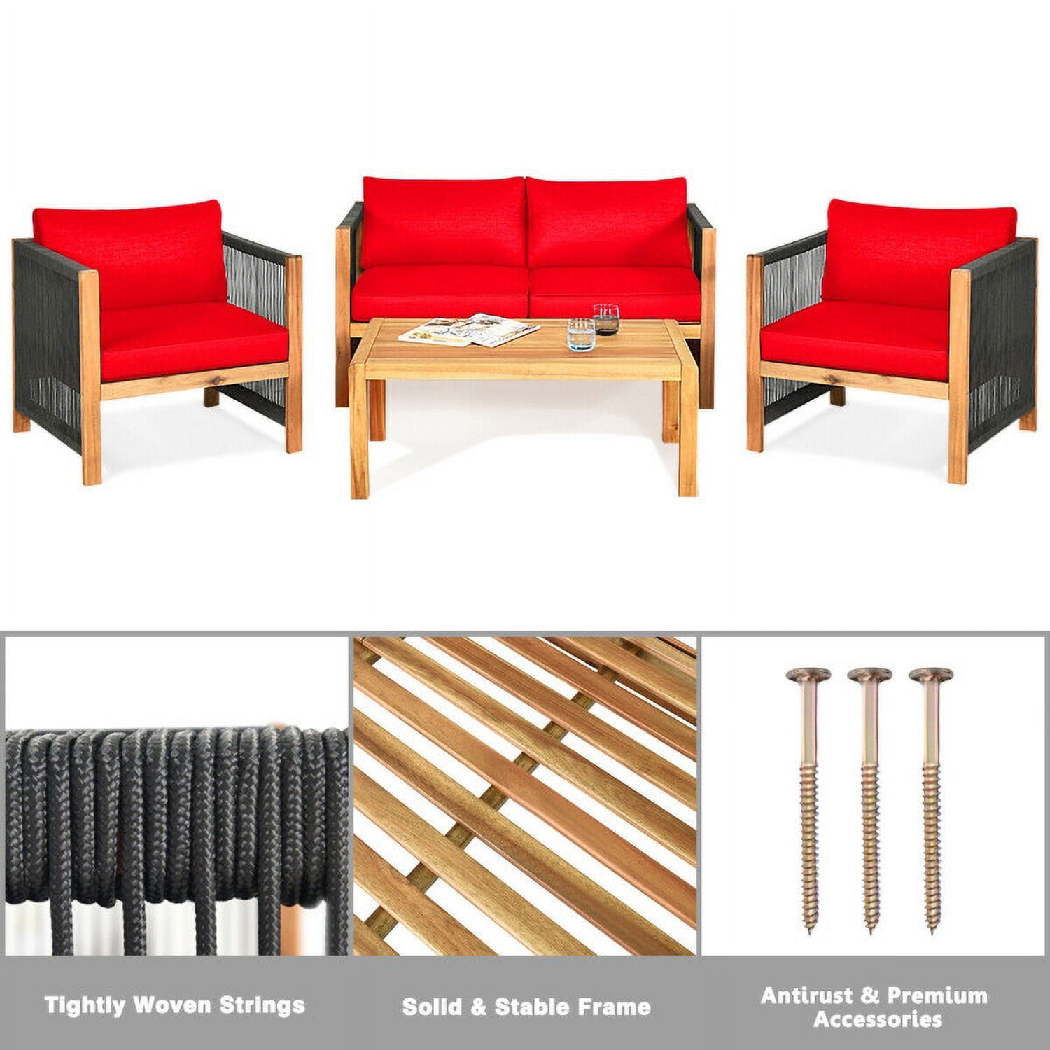 Aimee Lii 4 Pieces Acacia Wood Outdoor Patio Furniture Set with Cushions, Wooden Patio Furniture Set, Red Aimee Lii 4 Pieces Acacia Wood Outdoor Patio Furniture Set with Cushions, Wooden Patio Furniture Set, Red