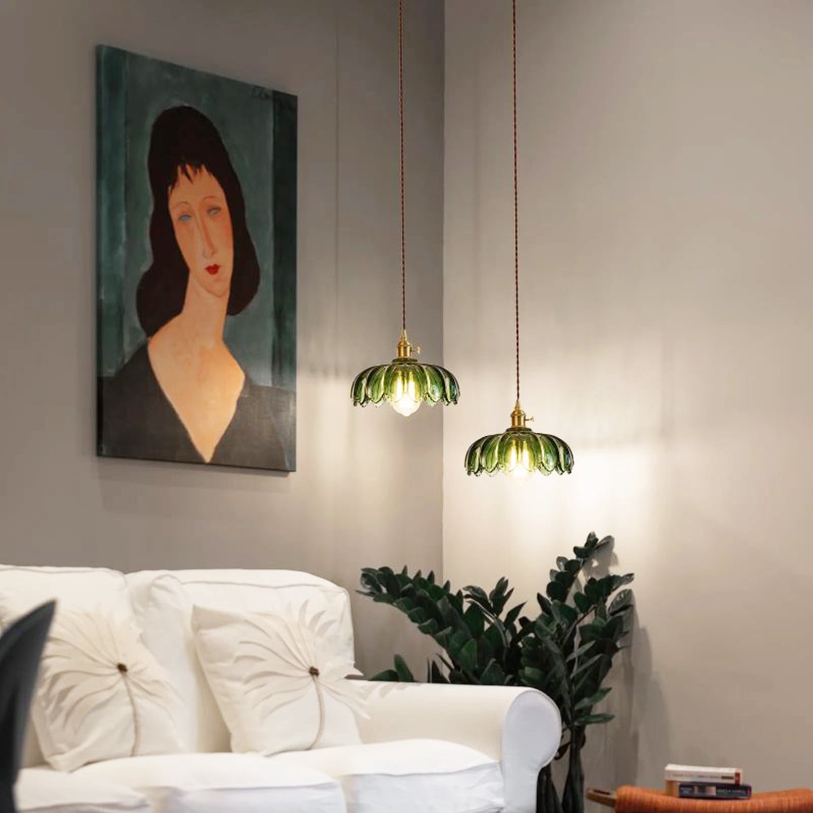 Glass Pendant Lights Plug in, Green Vintage Pendant Light Fixtures,Plug in Hanging Lamp for Dining Room, Living Room, Bedroom (No Bulb Included)