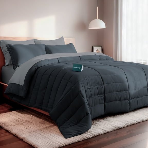 Set Edredón Acolchado con Fundas de Almohadas y Juego de Sábanas Dreamlab. Juego de Cama Completo para Cualquier Temporada. Hipoalergénico. Tamaño King Sobredimensionado, Grafito y Gris claro