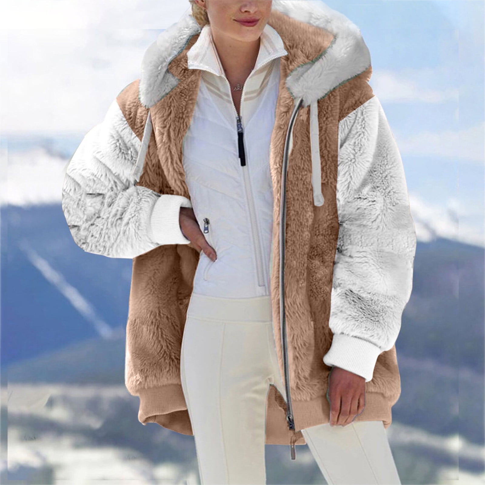 VEKDONE Women Plus Size Long Sleeve Open Front Parka Shaggy Faux Fur Coat Jacket Parkas Plush Cardigan Sweater Outwear 