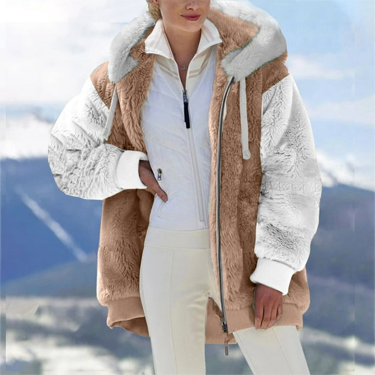 Fleece Jacket Women, Plus Size Long Sleeve Warm Sherpa Coats Outdoor Full  Zip Up Fuzzy Lined Sweatshirts Fashion Color Block Coat Winter Clothes