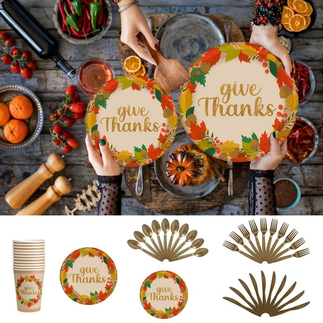 Xihbxyly Set para Fiesta de Acción de Gracias, Vasos, Platos y Cubiertos de Papel Desechables, Decoración Festiva para Reuniones, Higiénico y Práctico, Tamaños de 7 y 9 Pulgadas, 40 Piezas En Total.