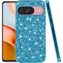 Compatible with Google Pixel 9 Case Glitter Shockproof, Google Pixel 9 Phone Case Bling Sparkly TPU and PC Silicone Shiny Girl Women Thin Protective Cover (Blue)