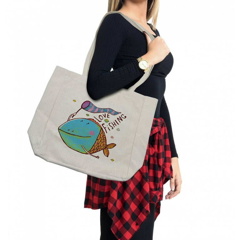 Fishing Shopping Bag, Large Fat Fish Holding a Flag with Love