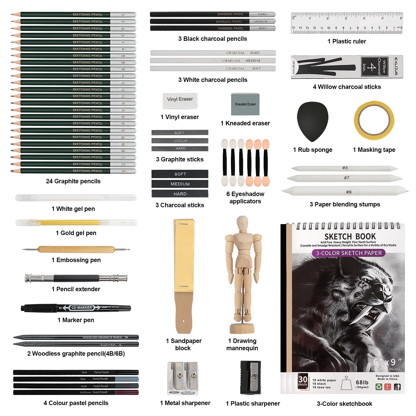 70 Pack Drawing Set Sketching Kit,  Sketch Pencils Art Supplies for Adults Artists Kids with Sketchbook,Graphite,Charcoal Pencils,Blending Tools