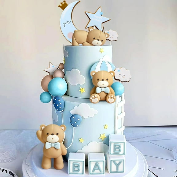 3D Bear Cake Decoration Set Blue Series Birthday Party Decoration Accessories Combination (5 Groups 25 Pieces)