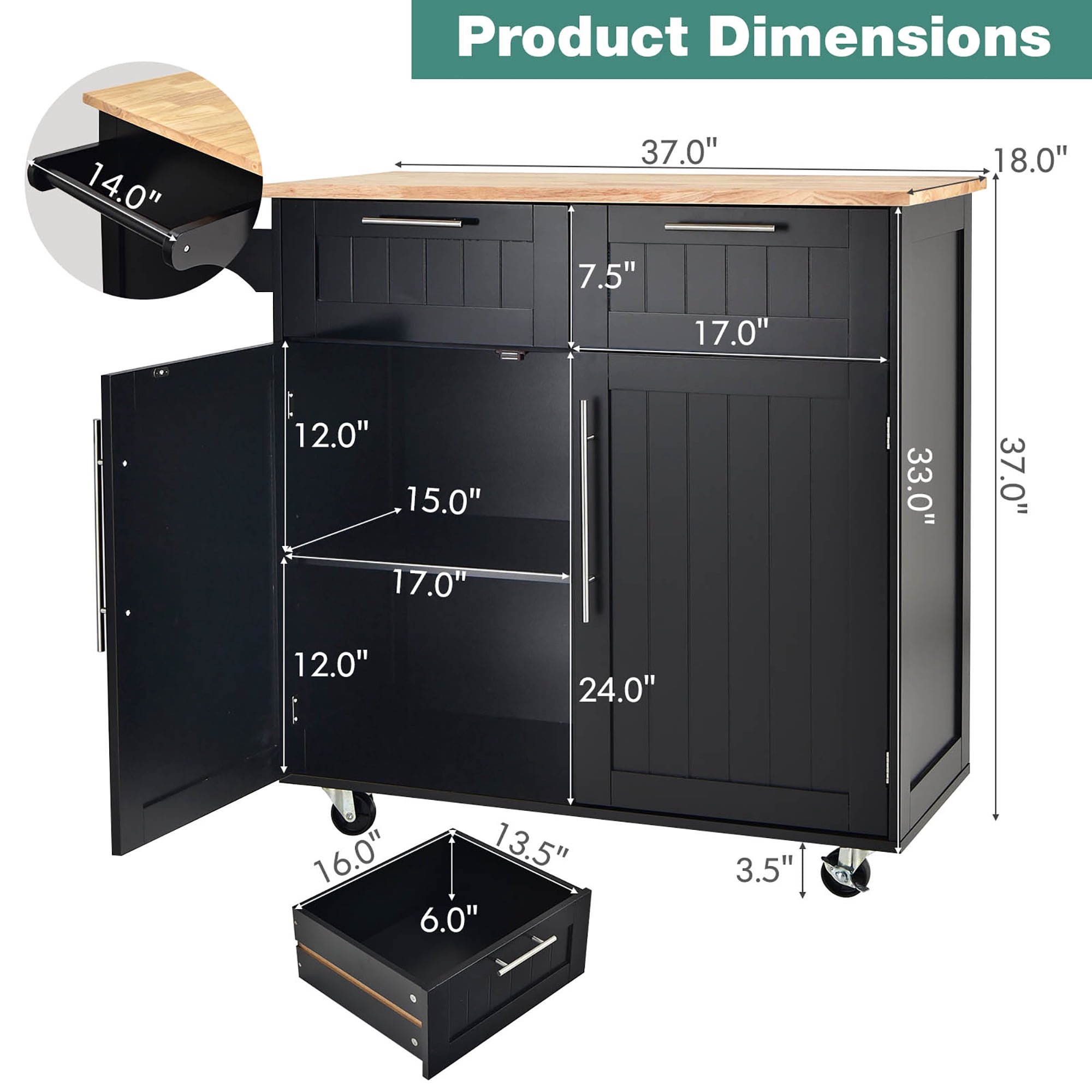 Costway Rolling Kitchen Cart Island Heavy Duty Storage Trolley Cabinet Utility Black