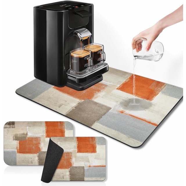 Coffee Mat for Countertops, Orange Brown Grey Painting Abstract Dish Drying Mat 2 Pcs for Kitchen Coffee Bar Accessories, Fit Under Coffee Maker Espresso Machine Dish Rack Hide Stain Rubber 12x19in
