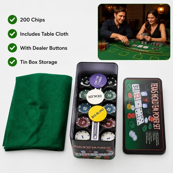 Texas Hold'em Poker Chip Set, 200 Chips with Table Cloth and Dealer Button, Iron Storage Box Casino Game Night