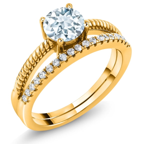 Gem Stone King 18K Yellow Gold Plated Silver Sky Blue Aquamarine Engagement Engagement Ring for Women (0.94 Cttw, Gemstone March Birthstone, Round 6MM, Size 6)
