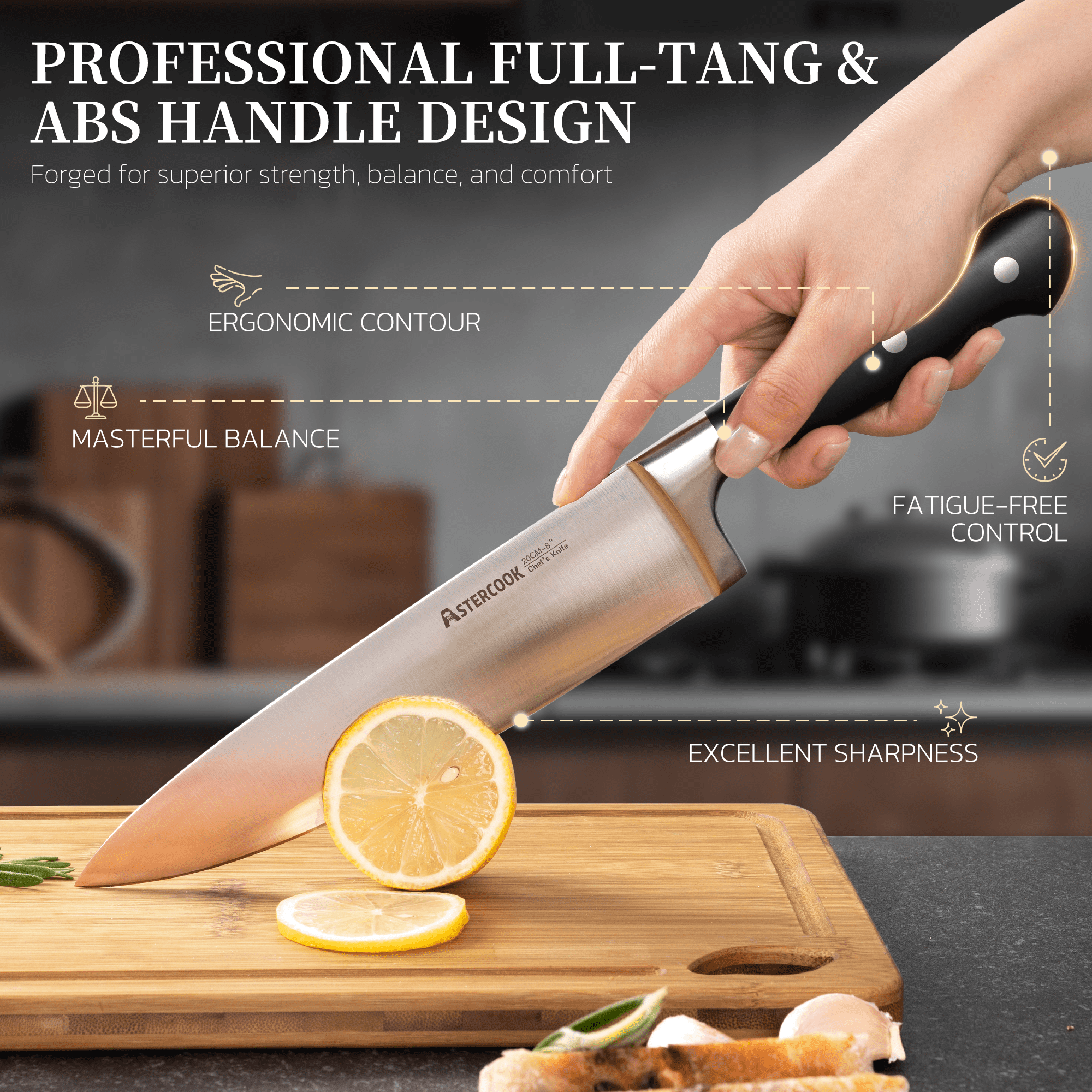 Astercook 14-Piece Knife Set with Block and Built-in Sharpener, Professional Full-Tang Kitchen Knife Set, Sleek Black Design for Modern Kitchens and Housewarming Gifts