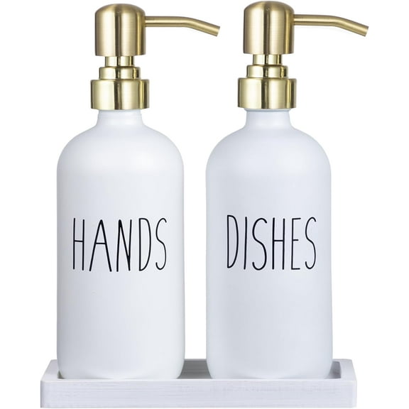 Glass Soap Dispenser Set with Pump, Hand Soap and Dish Soap Dispenser with Bamboo Tray and Collapsible Silicone Funnel for Kitchen, Bathroom, Decor Accessories, 2 Gold