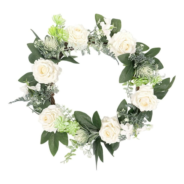 Corona artificial de puerta principal, guirnalda de rosas, corona de primavera y verano, corona de boda para granja, porche