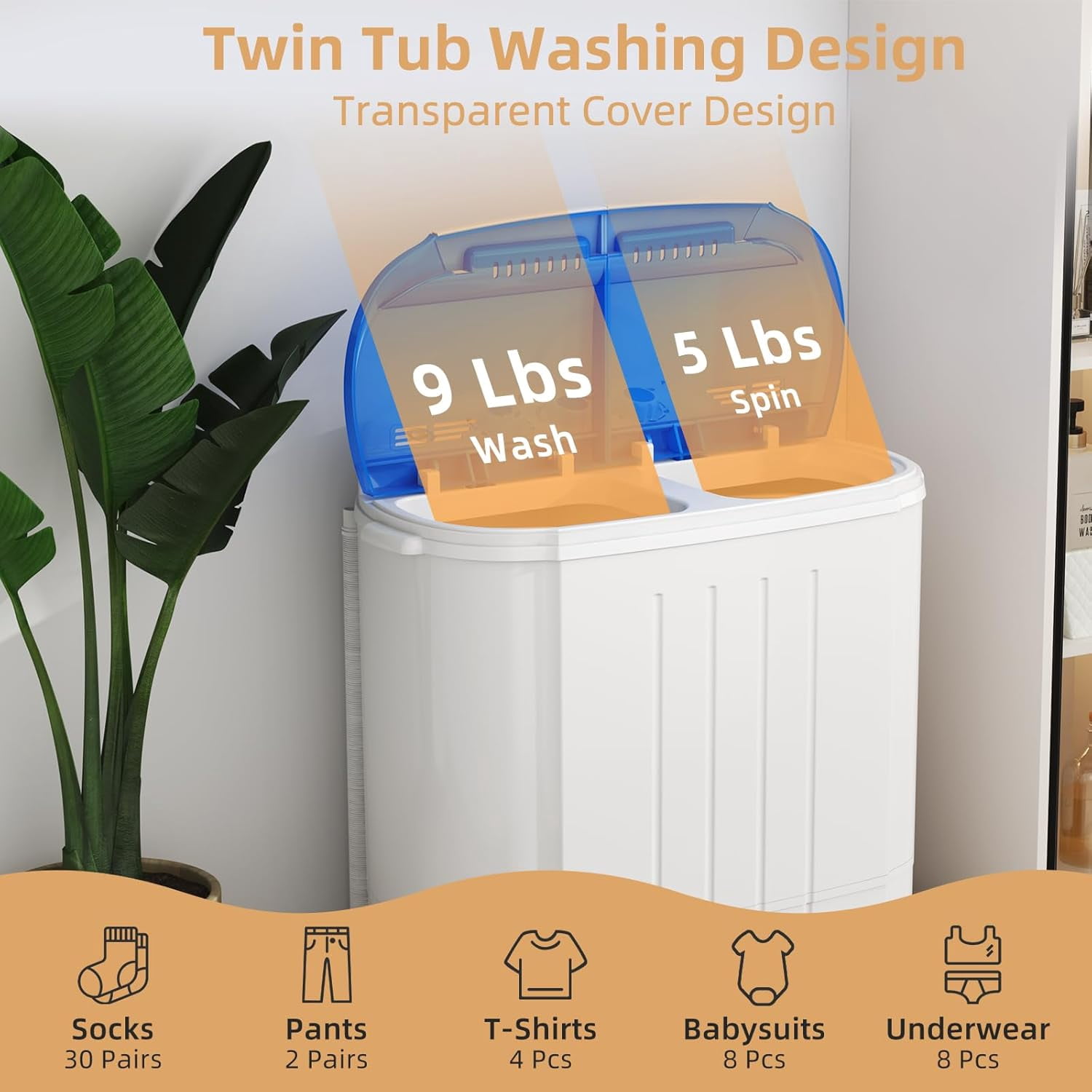 HOMAKE-PRO Portable Washing Machine, 14Lbs Compact Twin Tub Laundry Washer, Semi-Automatic 9Lbs Washer and 5Lbs Spinner Combo for Apartments, Dorms, RVs, ZY1005, White, Blue