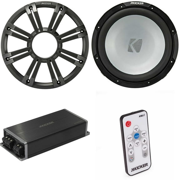 Kicker Marine KPX500.1 Powersports Amp & 12" Free Air 2 Ohm ( Charcoal Grill ) Subwoofer Audio Upgrade, Includes LED Remote
