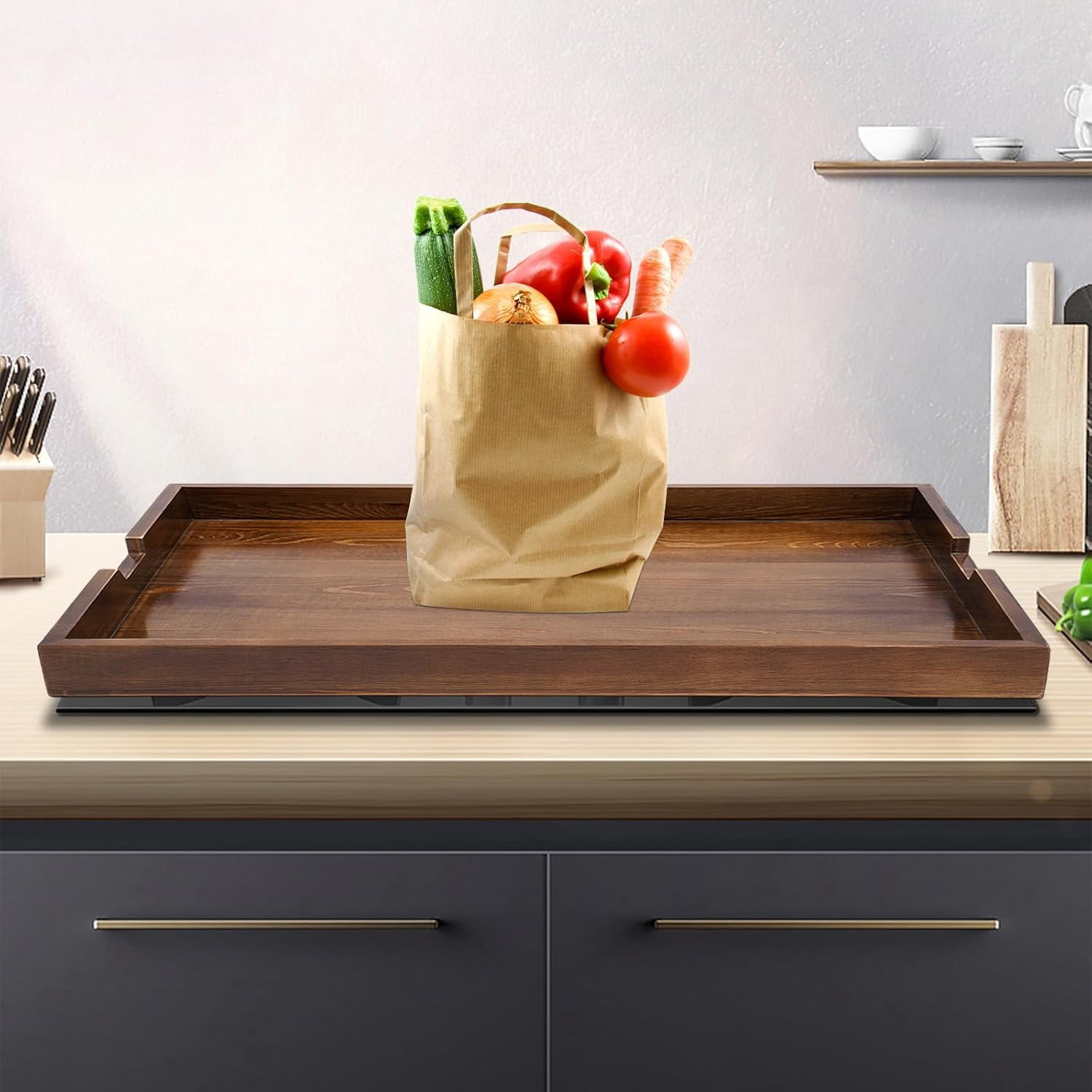 Wooden Stove Top Covers 29.5x22x2.5inch Walnut Color Noodle Board Stove Cover with Built-in Handles for Electric Stove and Gas Burners, Kitchen Sink Cover and Serving Tray
