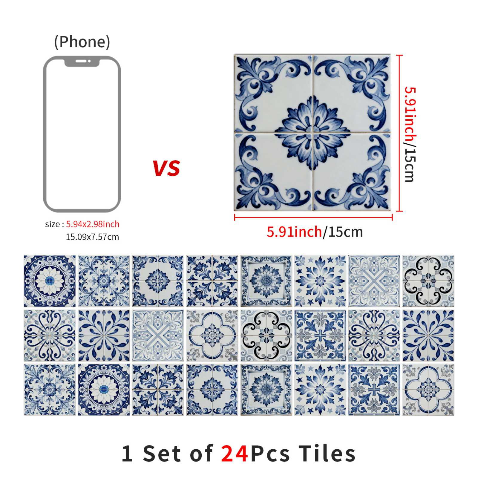 24PCS Mediterranean Style Peel and Stick Wall Tile Decals - 6"x6" Vintage Waterproof Vinyl Moroccan Bohemian Stickers for Kitchen Backsplash, Bathroom, Stair Riser Decor