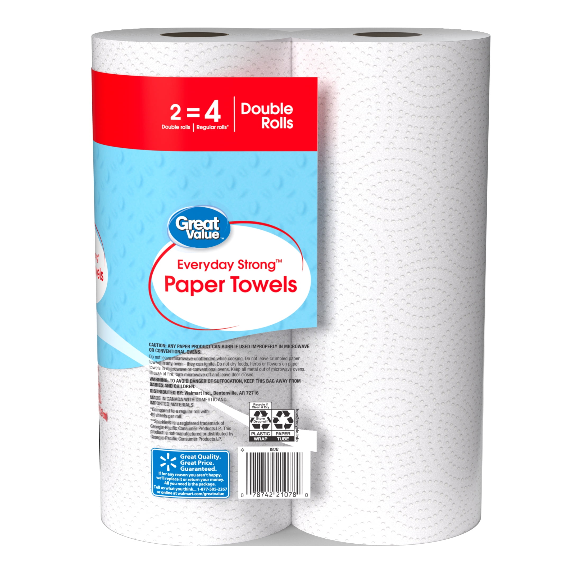Great Value Everyday Strong Paper Towels, Split Sheets, 2 Double Rolls 