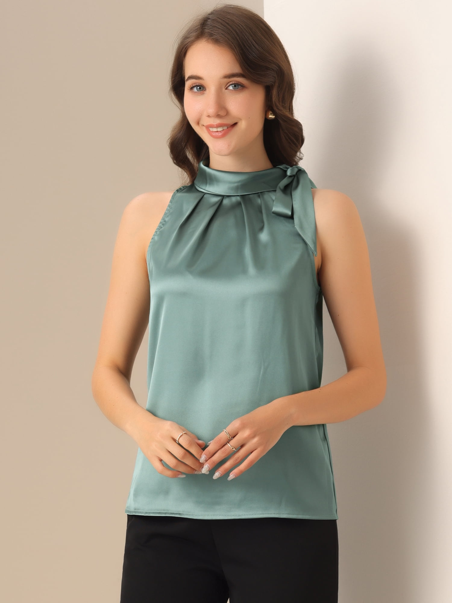 DARING DIVA Bow Tie Neck Solid Work Blouse Top L Pea Green