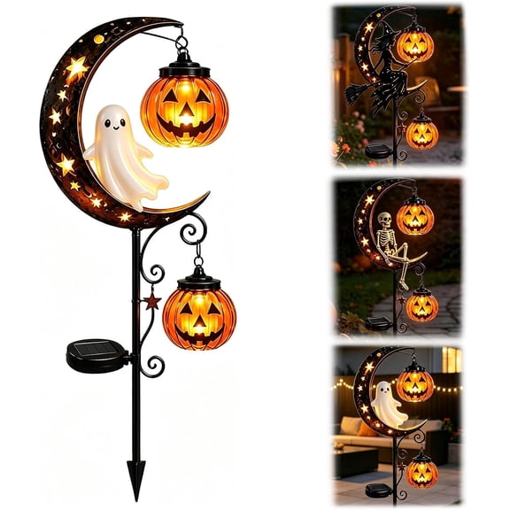 Halloween Solar Pumpkin Moon Stake Light Outdoor, LED Garden Ground Light for Yard Pathway Lawn, Decorative Landscape Lighting for Patio Halloween Garden Decor, 1 Pack
