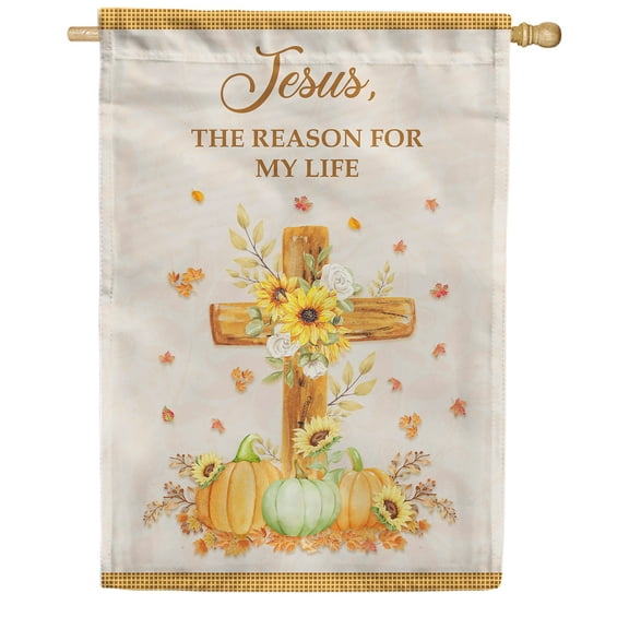 America Forever Jesus is the Reason House Flag 28 x 40 inch Autumn Harvest Pumpkins Sunflowers Fall Leaves Floral Thanksgiving Religious Bible Cross Yard Outdoor Double Sided Decoration