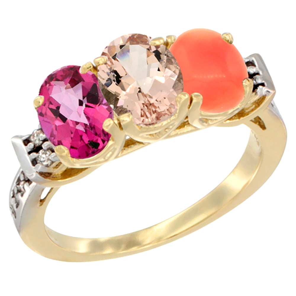 10K Yellow Gold Natural Pink Topaz, Morganite & Coral Ring 3-Stone Oval 7x5 mm Diamond Accent, sizes 5 10 by WorldJewels