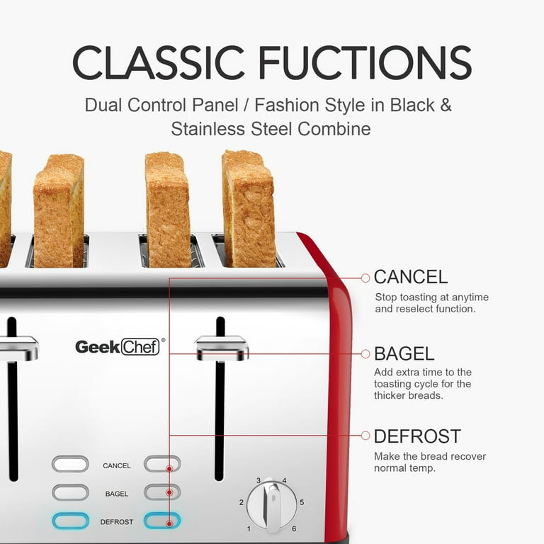 Toaster 4 Slice, Geek Chef Stainless Steel Extra-Wide Slot Toaster wit –  GeekChefKitchen